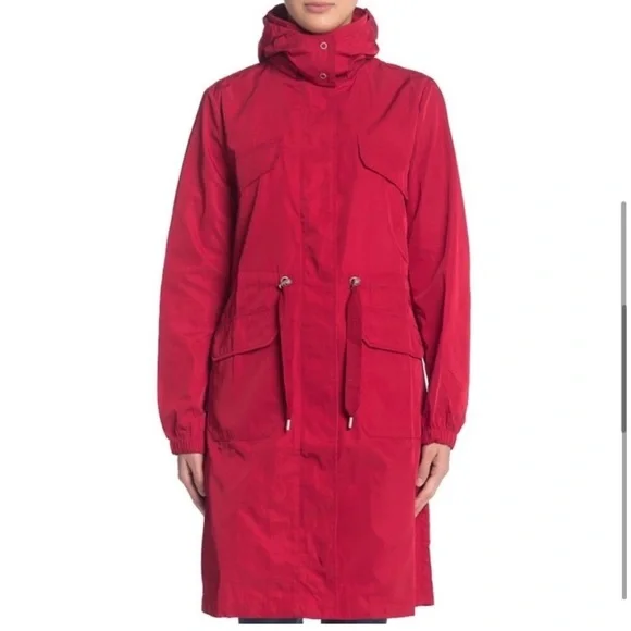 NWT Avec Les Filles Red Oversized Rain Anorak Hooded Trench Coat Women’s Small - Picture 4 of 13